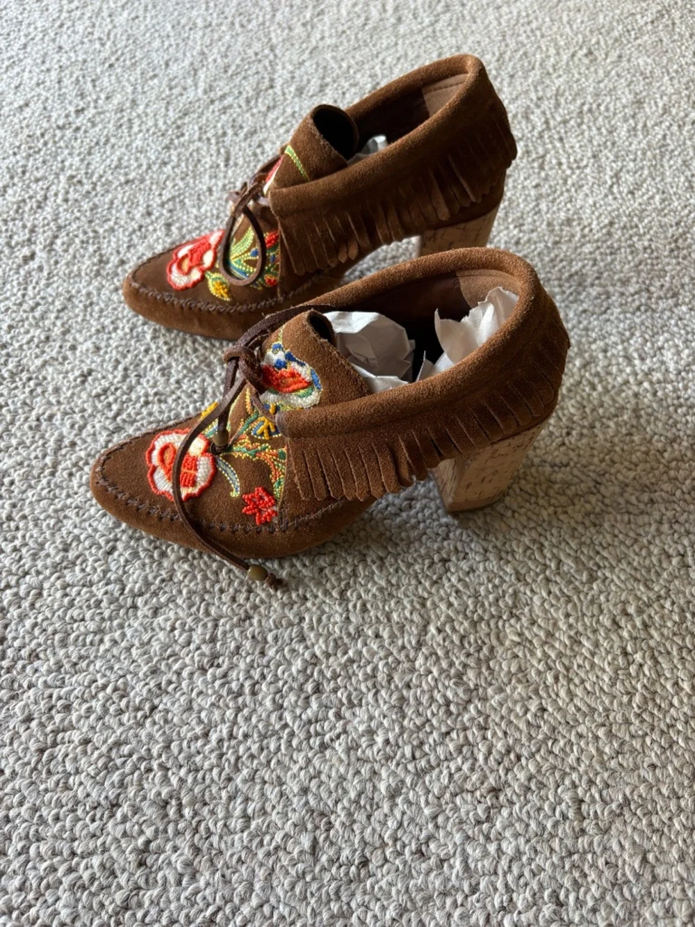 Tory Burch Huntington Beaded Fringe Booties 6.5 Boho Suede Cottagecore Moccasin